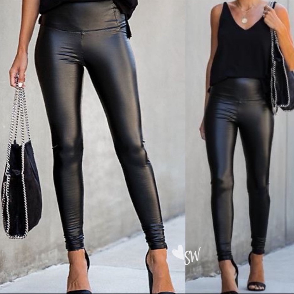 Boho Vegan leather leggings black high waisted - Picture 1 of 2